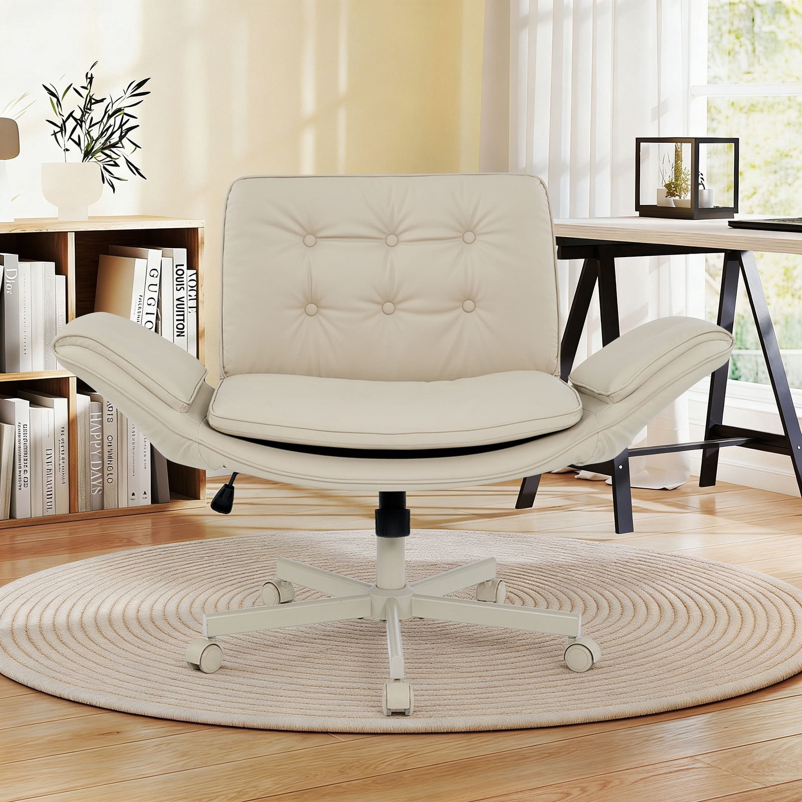 Ebello Oversized Vanity Chair with Foldable Arms, Criss Cross Design Big & Tall Desk Chair - 300 lbs Capacity, Swivel Computer Chair with Wheels for Office, Cream