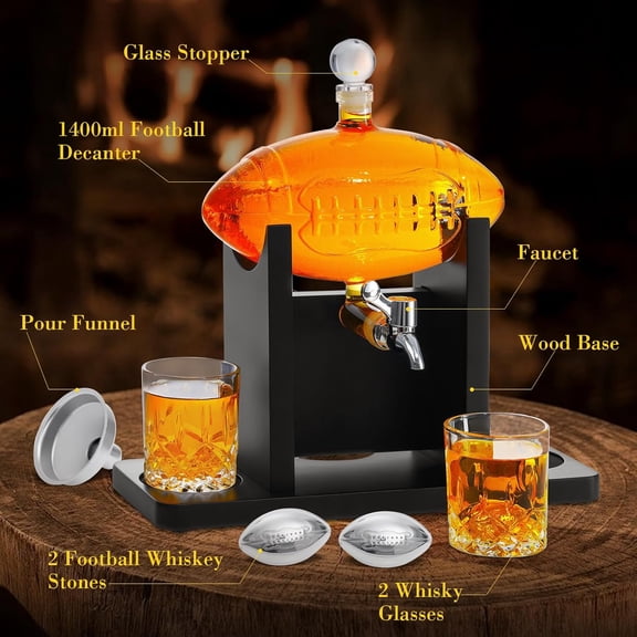 Football Whiskey Decanter Set with 2 Glasses and Chillers - 47oz Lead-Free Glass Liquor Dispenser for Bourbon, , Vodka