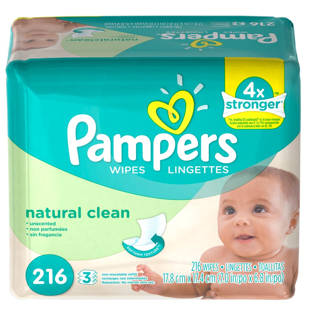 Pampers Baby Wipes Natural Clean 3 Refill Packs, 216 Total