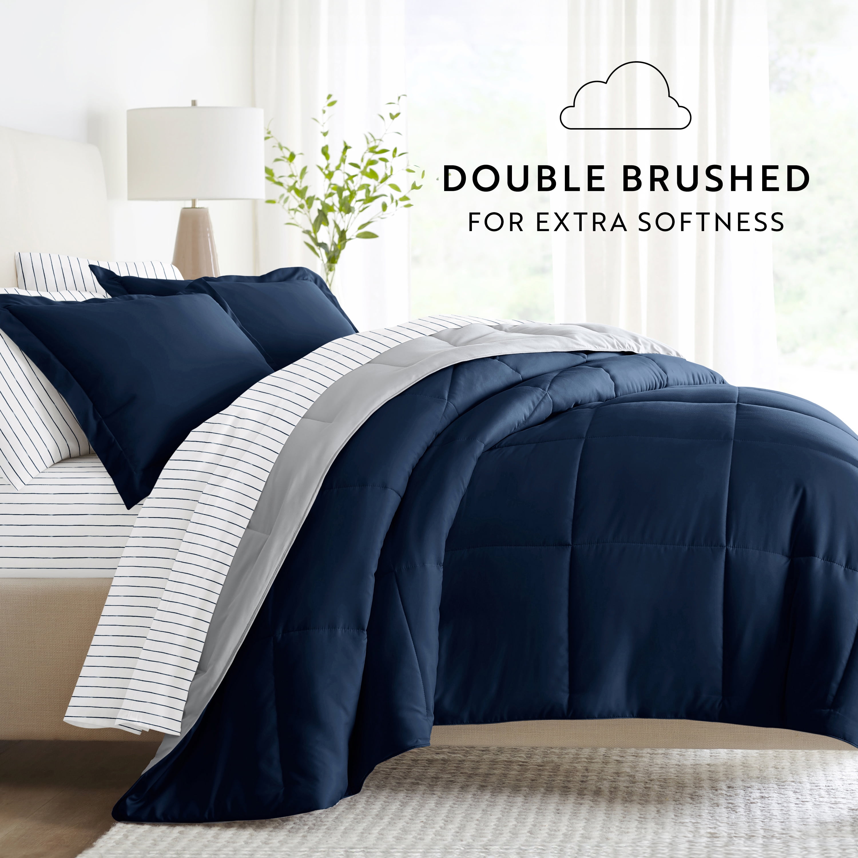 Noble Linens 5 Piece Bedding Bundle, Reversible Comforter and Patterned Sheet Set, Twin