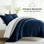 Noble Linens 7 Piece Bedding Bundle, Reversible Comforter and Patterned Sheet Set, Queen