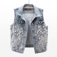 thumbnail image 2 of Jackets for Women Pearls Ripped Denim Cropped Vest Sleeveless Button Down Jeans Short Waistcoats 2025 Winter Outfits, 2 of 7