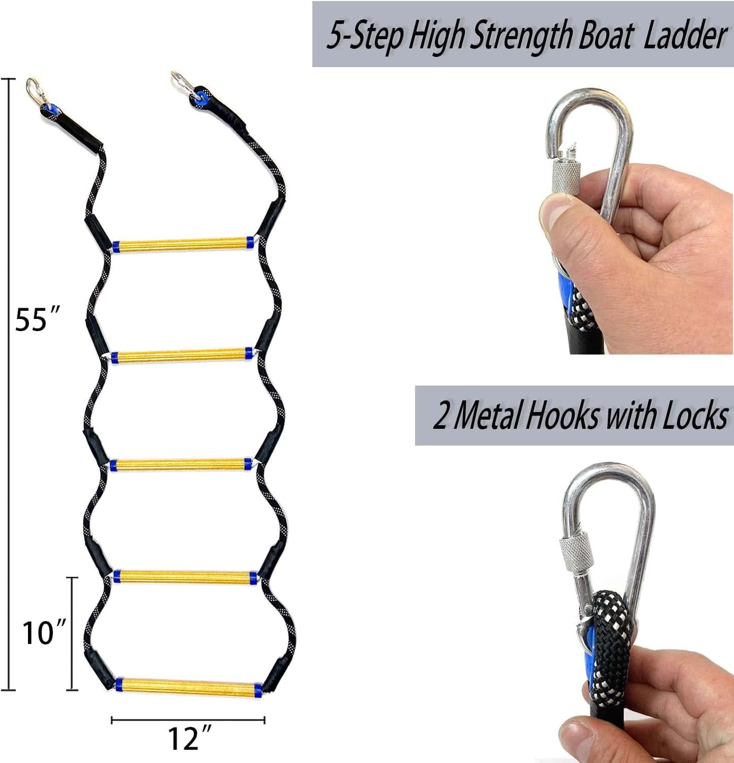 Boat Rope Ladder, 5 Step Heavy Duty 400Lbs Strength Rope Ladder for Inflatable Boat, Fishing Boat, Kayak, Motorboat, Canoeing,