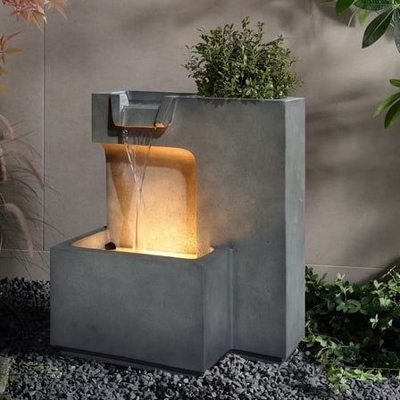 LuxenHome 20 Inch Modern Water Fountain Outdoor, Concrete Look Resin Waterfall Fountain Indoor with Planter, Cascading Outdoor Freestanding Fountains for Patio, Yard, and Garden Decor