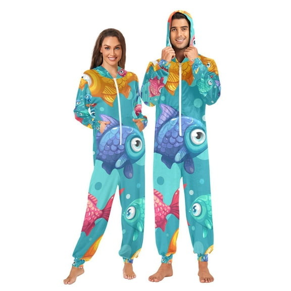 Cartoon Fish Adult Onesie Pajamas Slim Fit Christmas One Piece Suit Pjs for Women and Men Hooded Zipper