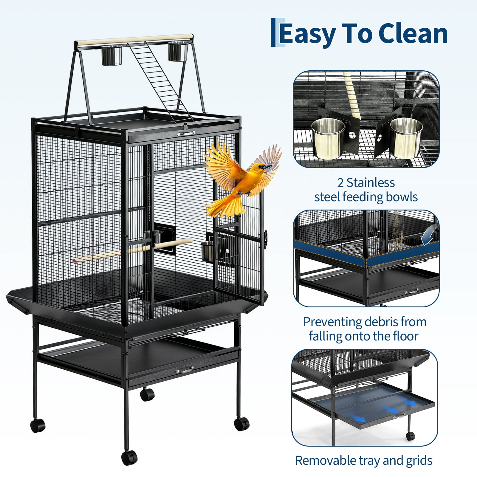 PYY 68-Inch Large Bird Cage for African Grey Parrots Macaws Cockatiels, Heavy Duty Wrought Iron Flight Cage with Play Top, Rolling Stand and Seed Guard, Black