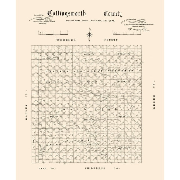 Historic County Map- Collingsworth Texas - General Land Office 1892 - Vintage Wall Art