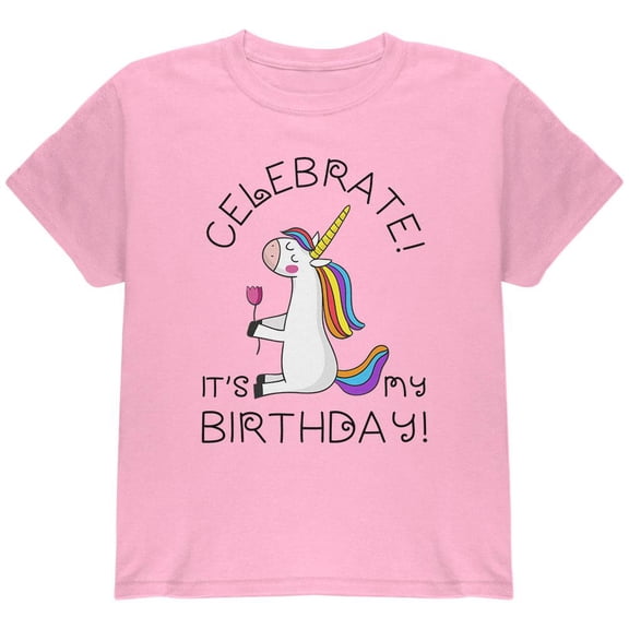 Unicorn Celebrate it's my Birthday Youth T Shirt Light Pink Youth X-SM