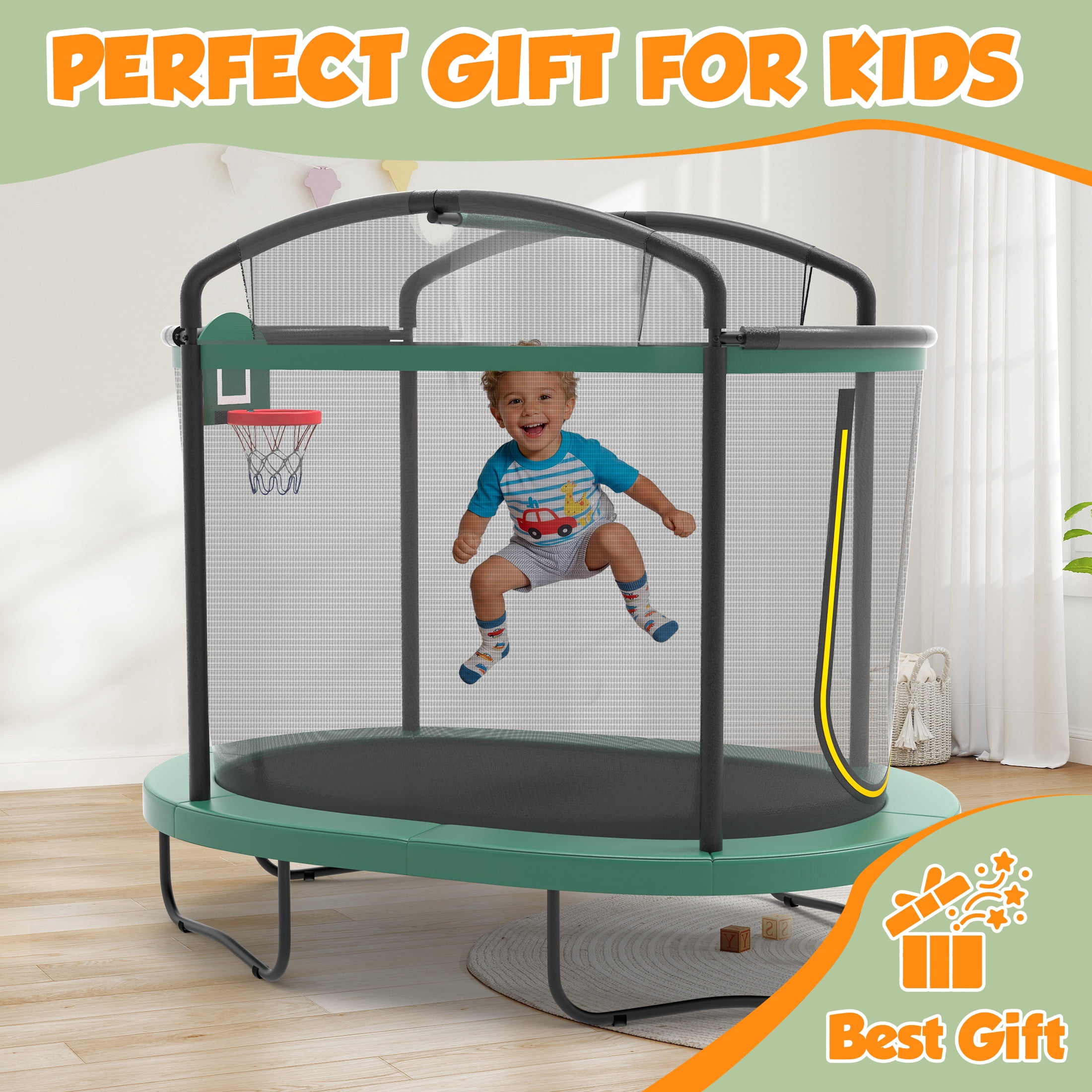4×6FT Toddler Trampoline for Kids Aged 3+, SHINPT Kids Trampoline with 770lbs Weight Capacity, Mini Trampoline Indoor/Outdoor, Small Trampoline with Adjustable Gymnastics Bar & Basketball Hoop