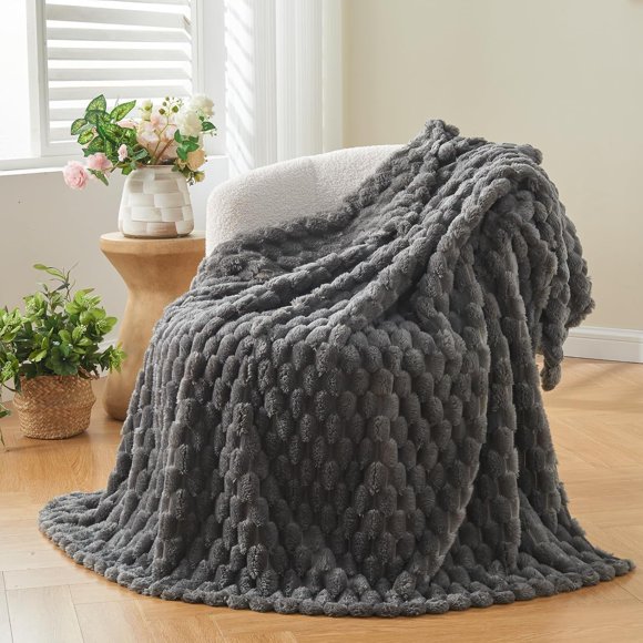 Flannel Blanket Gray Faux Fur Bed Throw Super Soft Warm Large Blanket For Bed