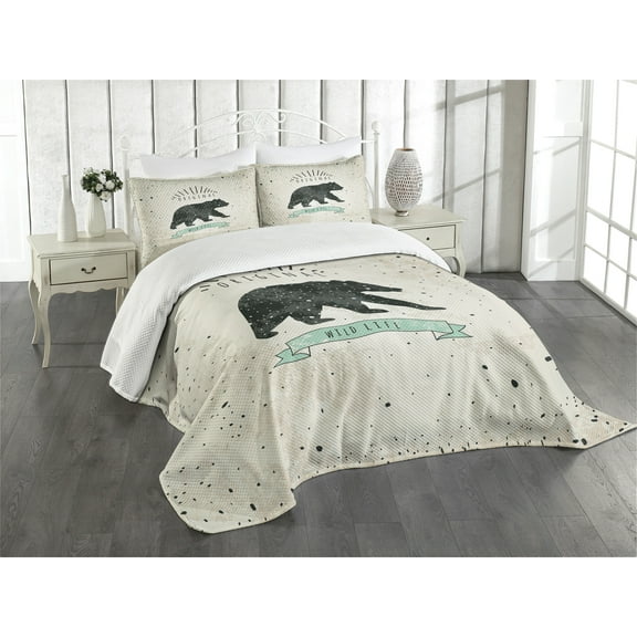 Ambesonne Bear Quilted Bedspread Set 3 Pcs, Vintage Wildlife, King Size, Mint Green Black Tan