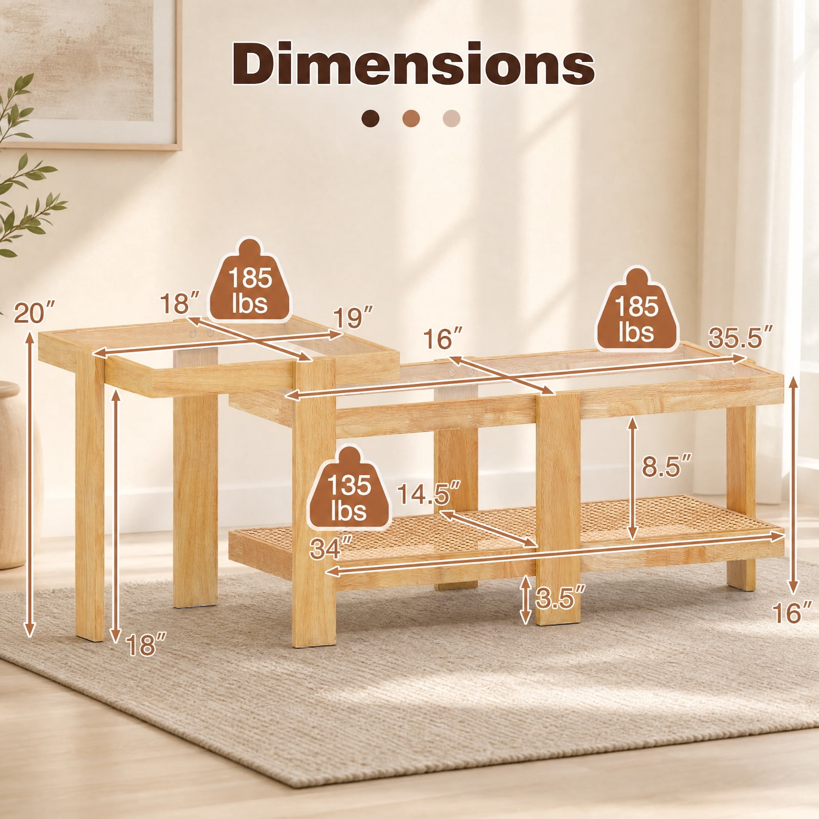 Furnibear Set of 2 Nesting Coffee Table with Tempered Glass Top and Boho Rattan Storage Shelf for Living Room for Home and Living Space, Natural