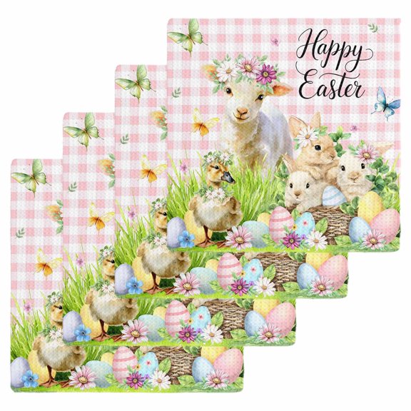 Easter Kitchen Dish Towels for Drying Dishes Set of 4, Rabbit Sheep Eggs Butterfly Flowers Pink Grid Waffle Weave Microfiber Hand Tea Bathroom Towels Quick Dry & Absorbent Towel 12x12