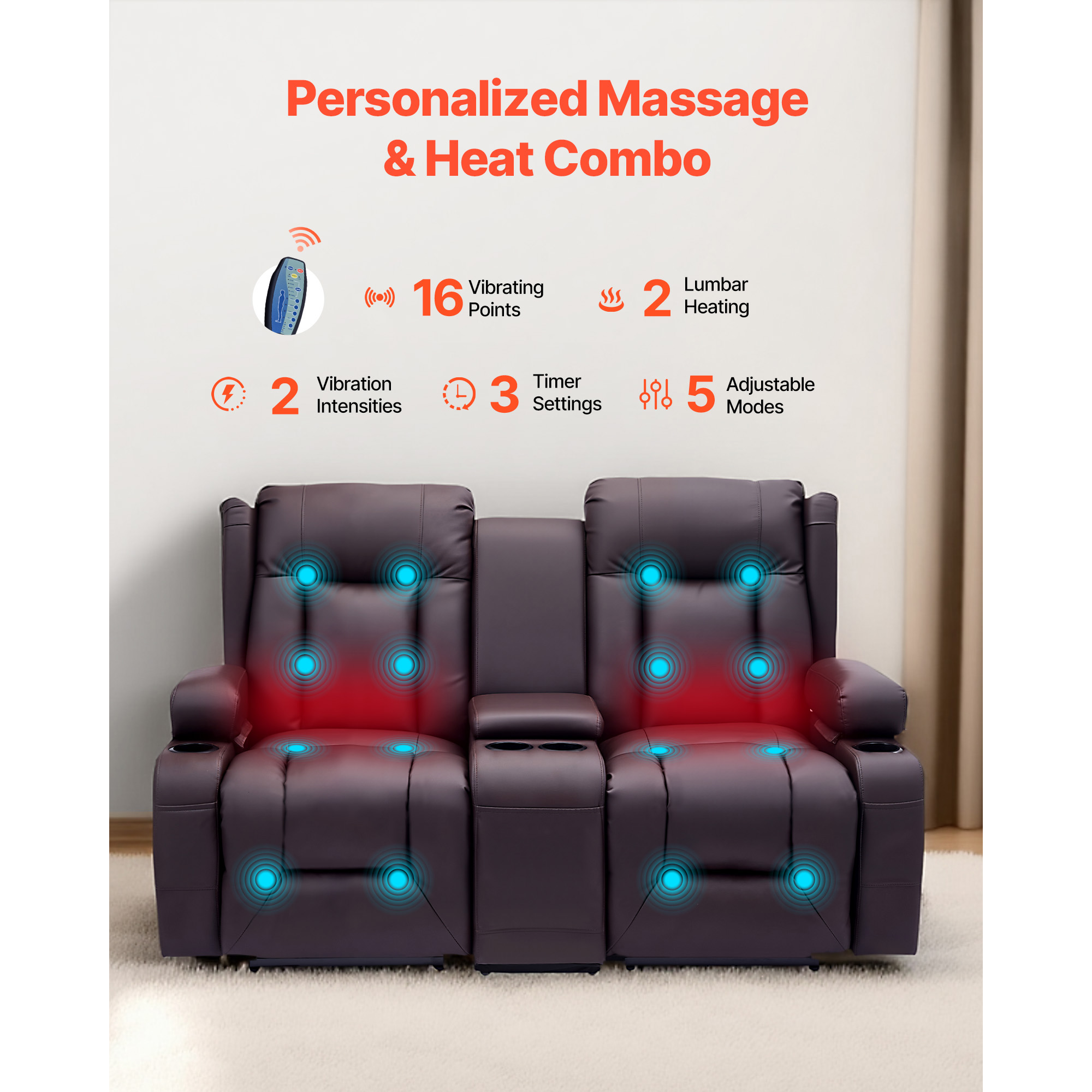 KFFKFF Reclining Loveseat Sofa with Heating, Massage, and Timer, PU Leather Electric Couch with Center Console, USB Ports, Cup Holders, and Side Pockets for Living Room