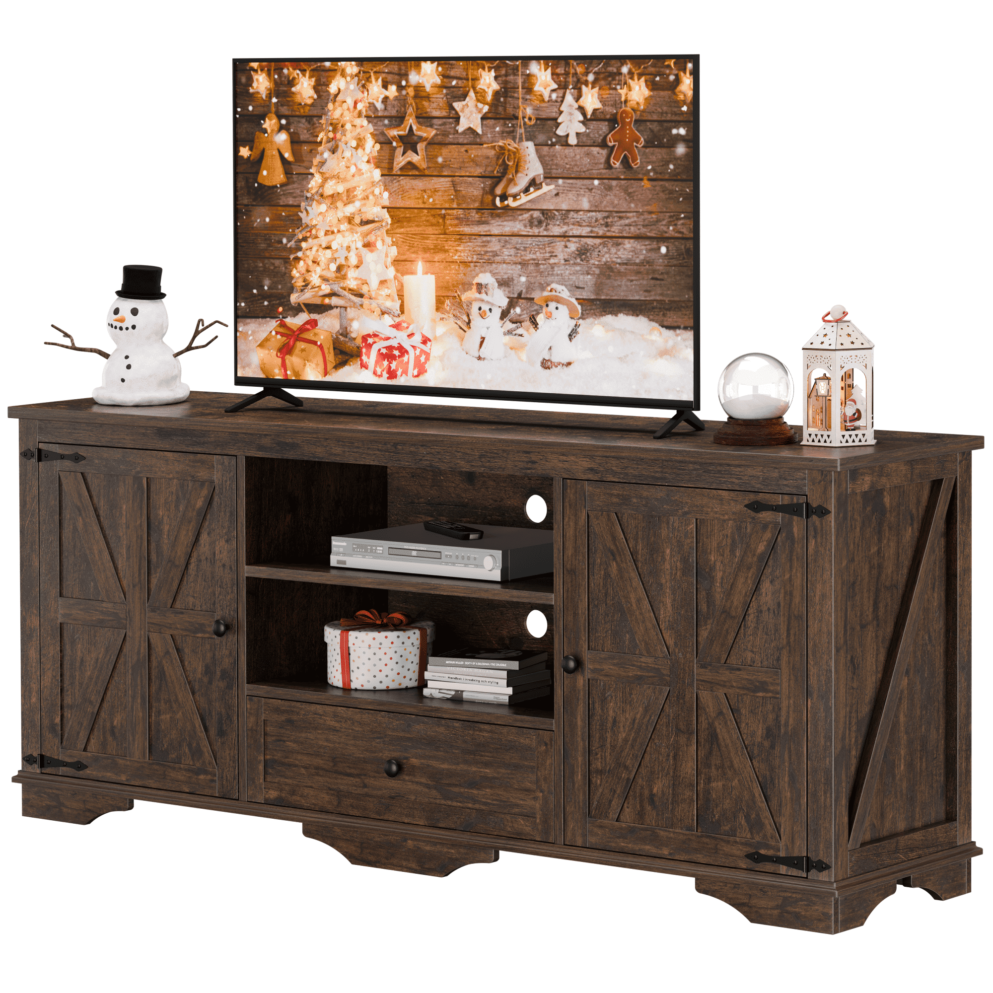Laintene TV Stands for 65" TV, Entertainment Center with Barn Door, Adjustable Shelves & Storage Cabinets, Solid Wood Media Farmhouse TV Console for Living Room, Brown