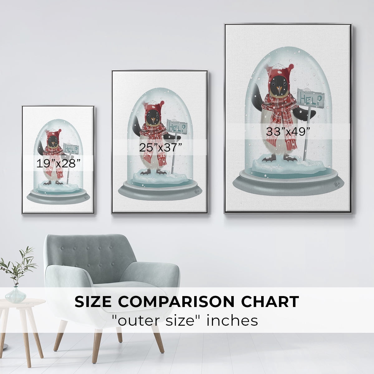 Christmas Penguin Snow Globe - Framed Gallery Wrapped Holiday Canvas - 25 x 37 - Silver Frame