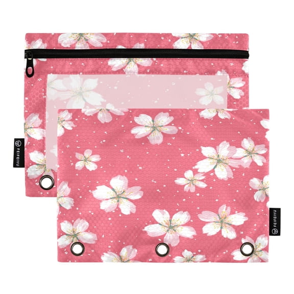 2 Pack 3 Ring Binder Pouch with Clear PVC Window Water Resistant Zipper Pencil Pouch Delicate Pink Cherry Pattern Binder Pocket for Classroom Office Home Stationery Organization