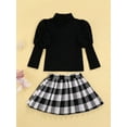 thumbnail image 2 of Seyurigaoka Kids Girls Solid Color Puff Sleeve High Collar Pullover + Plaid Pleated Skirt, 2 of 8