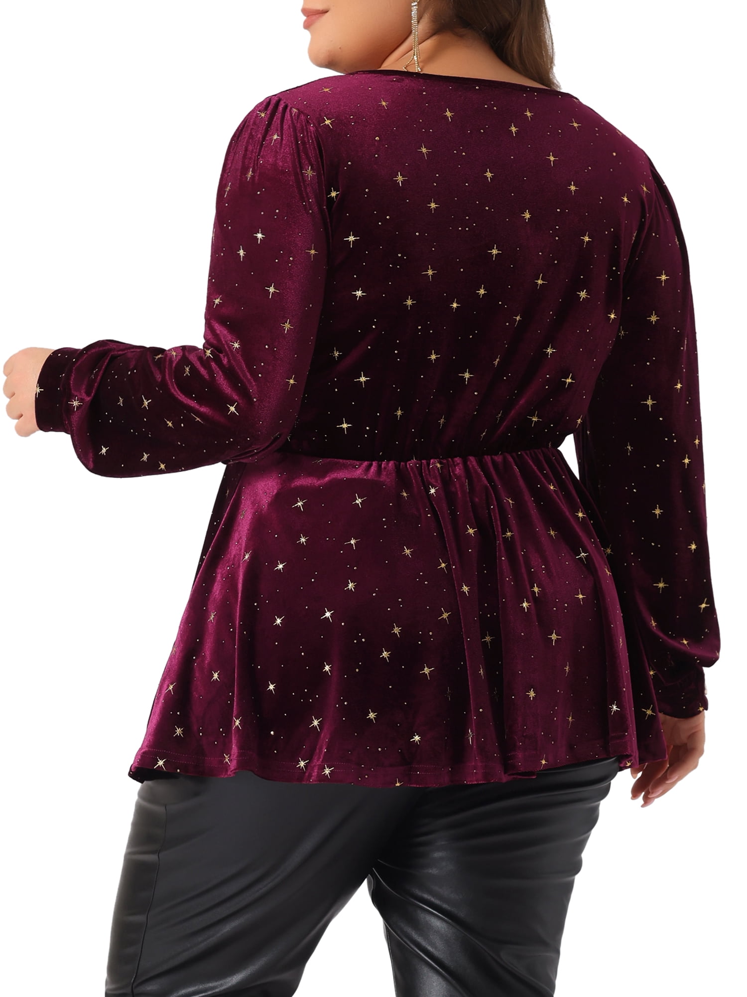 DARING DIVA Women's Plus V Neck Long Sleeve Gilding Metallic Stars Blouse 2X Burgundy