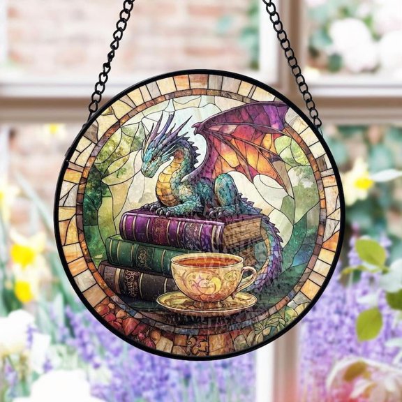 Dragon Stained Glass Suncatcher, Fantasy Book Lover Decor, Tea and Coffee Art, Mystical Window Hanging, Gift for Readers