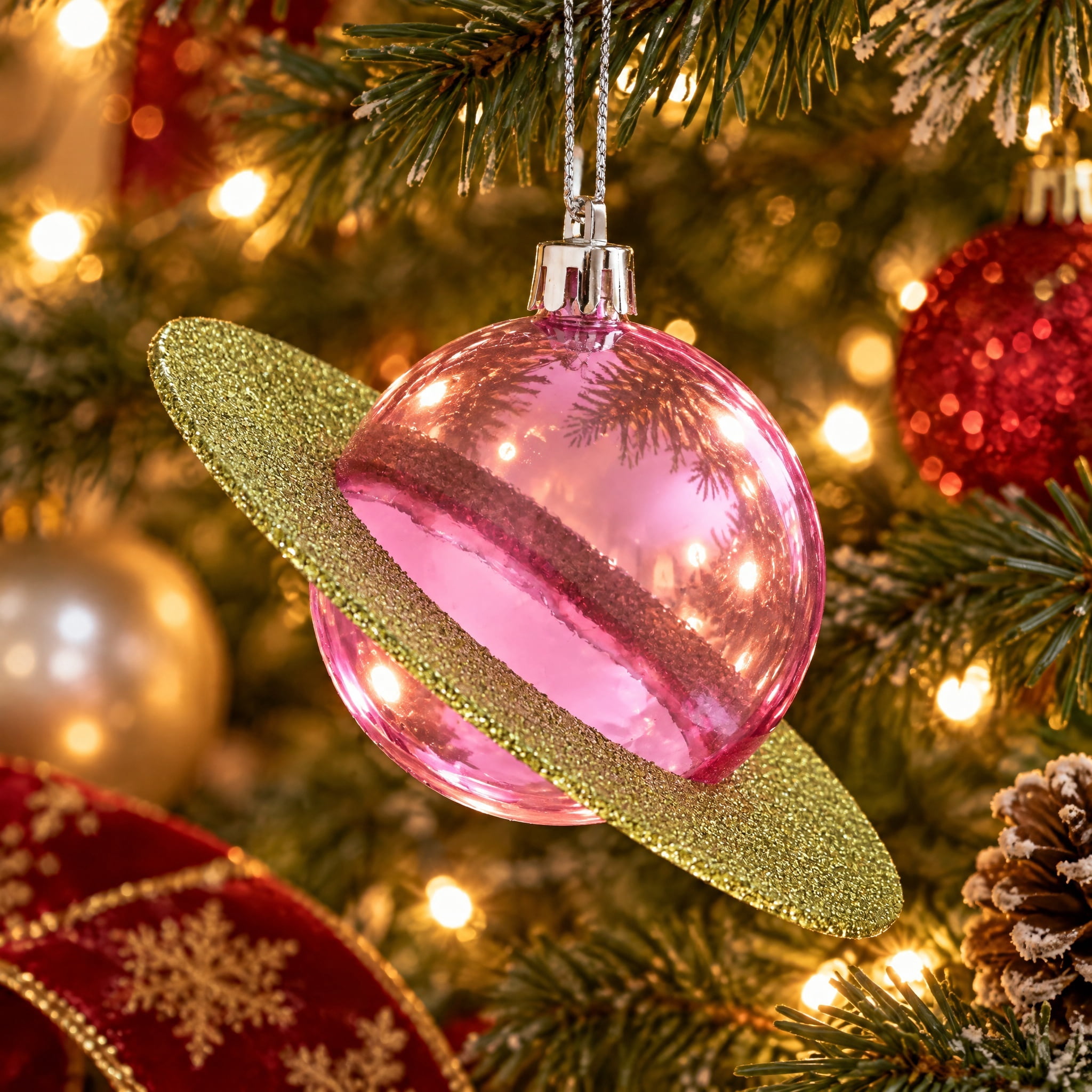 Green and Pink Glitter Planet Christmas Ornament, 2.4", by Holiday Time