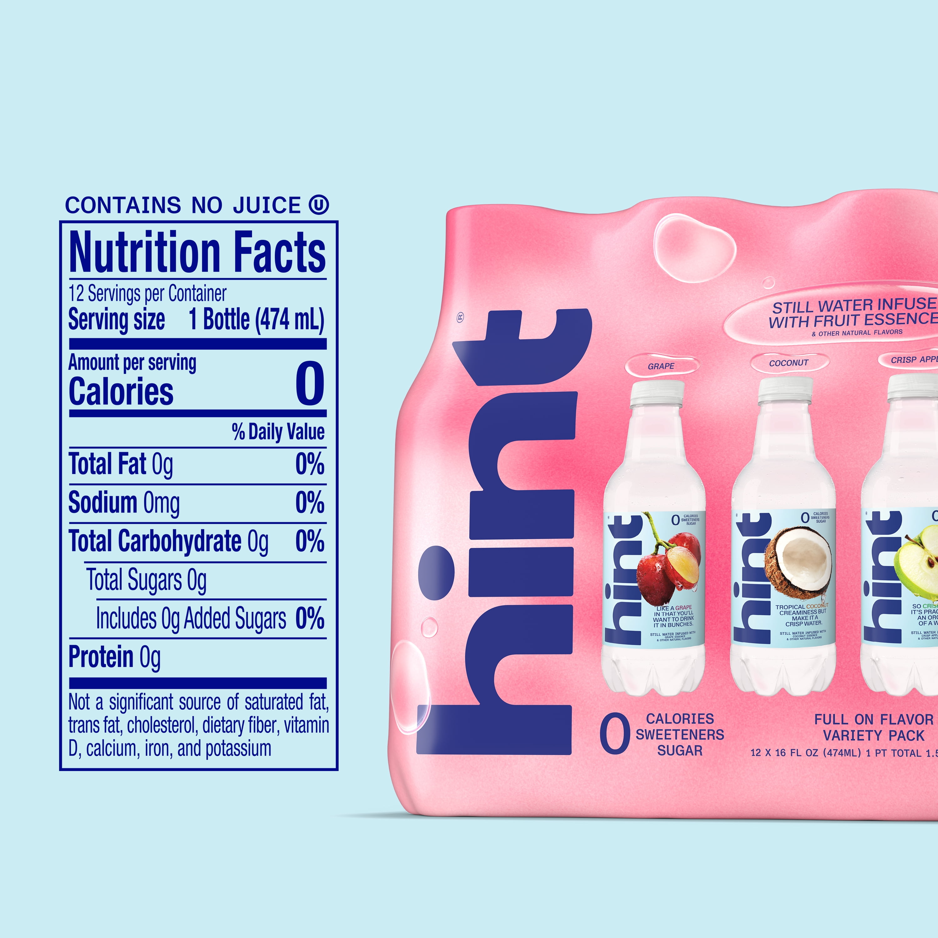 Hint Full on Flavor 4-Flavor Variety Pack Flavored Water V2, 16 fl oz, 12 Pack Plastic Bottles
