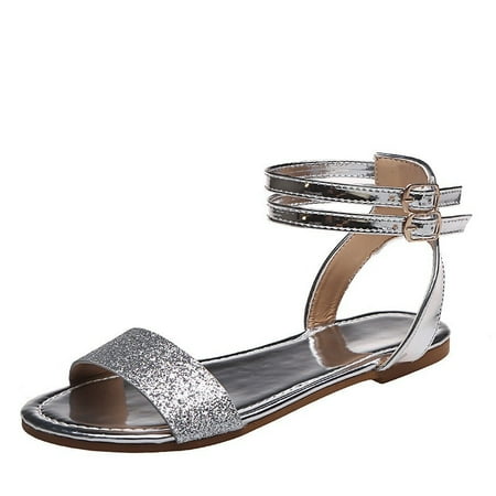 

Fashion Summer Women Sandals Flat Bottom Light Open Toe Ankle Buckle Solid Color Shiny Comfortable Casual Style