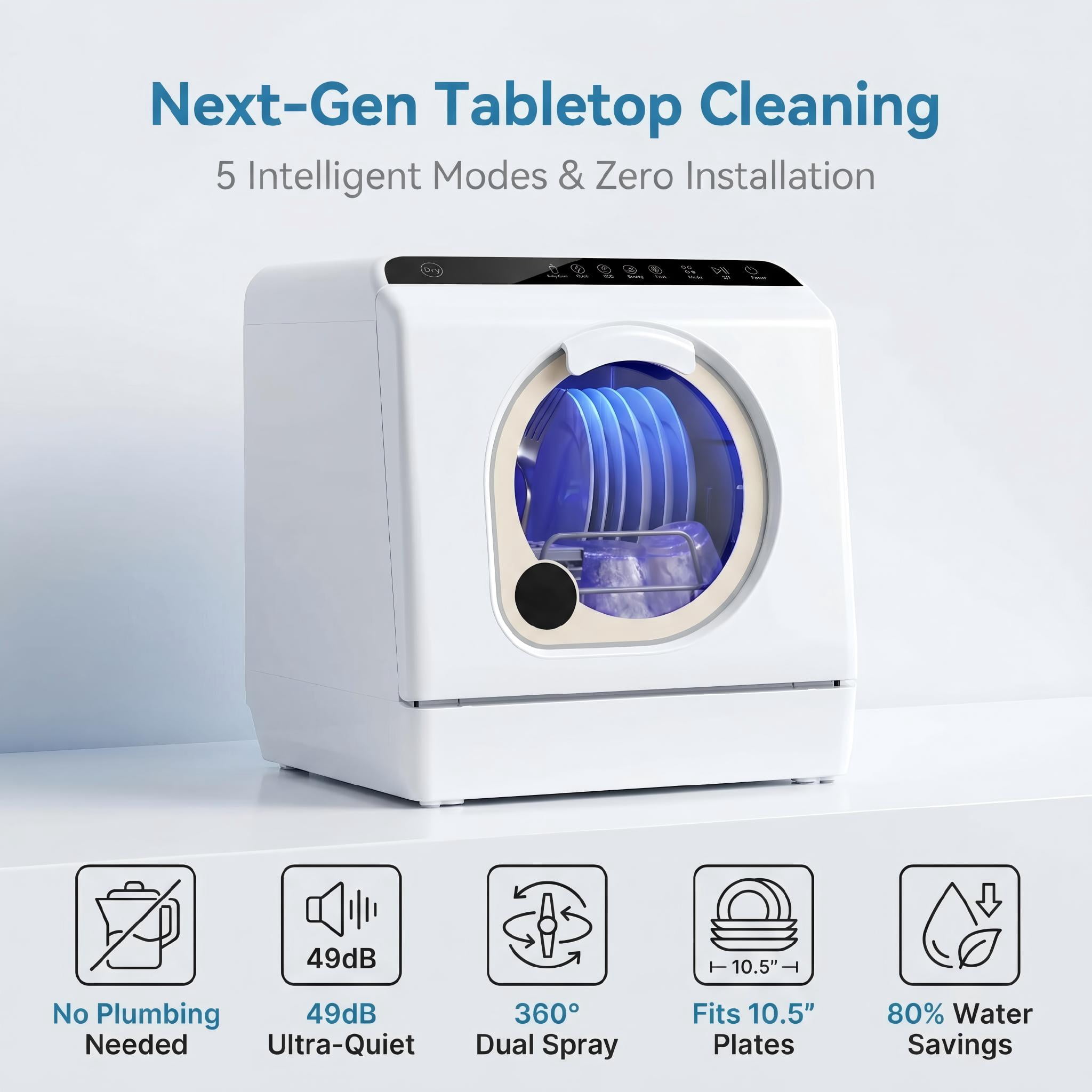 FUNGQI Portable Countertop Dishwasher with 5L Built-in Water Tank, 49dB Ultra-Quiet Mini Tabletop Washer, Upper & Lower Spray Arms, 5 Programs, Faucet Adapter for Apartments RVs, Matte White