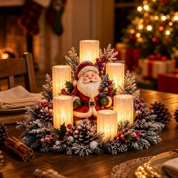 MUTRAIN Santa Candle Centerpiece, Plastic Multicolor 5 LED Candles Pinecones, Flameless Table Decor, for Holiday Hosts, Dining Table Mantel Display