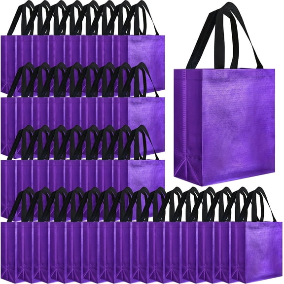 50pcs Reusable Purple Glossy Gift Bags with Handles, Non Woven Fabric Tote Bags with Aluminum Film Finish, Medium Grocery Bags Bulk Gift Packaging for Weddings, Parties, Shopping and Event Favors
