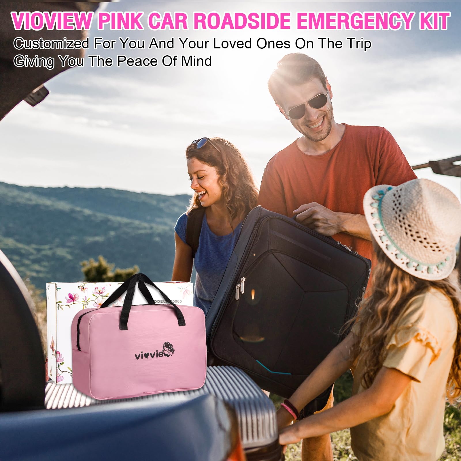 Vioview Roadside Emergency Car Safety Kit, with 4-in-1 Inflatable Car Vacuum Cleaner, Pink Jumper Cables, First Aid Kit, Tow Rope. Vehicle Must Haves Emergency Kit Accessories for Women