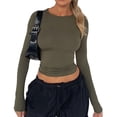 thumbnail image 1 of Una camiseta de manga larga para mujer con cuello redondo verde militar, top básico, ropa informal para mujer, 1 of 5