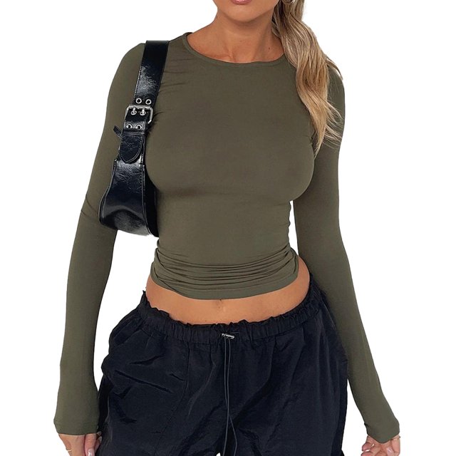 Una camiseta de manga larga para mujer con cuello redondo verde militar, top básico, ropa informal para mujer