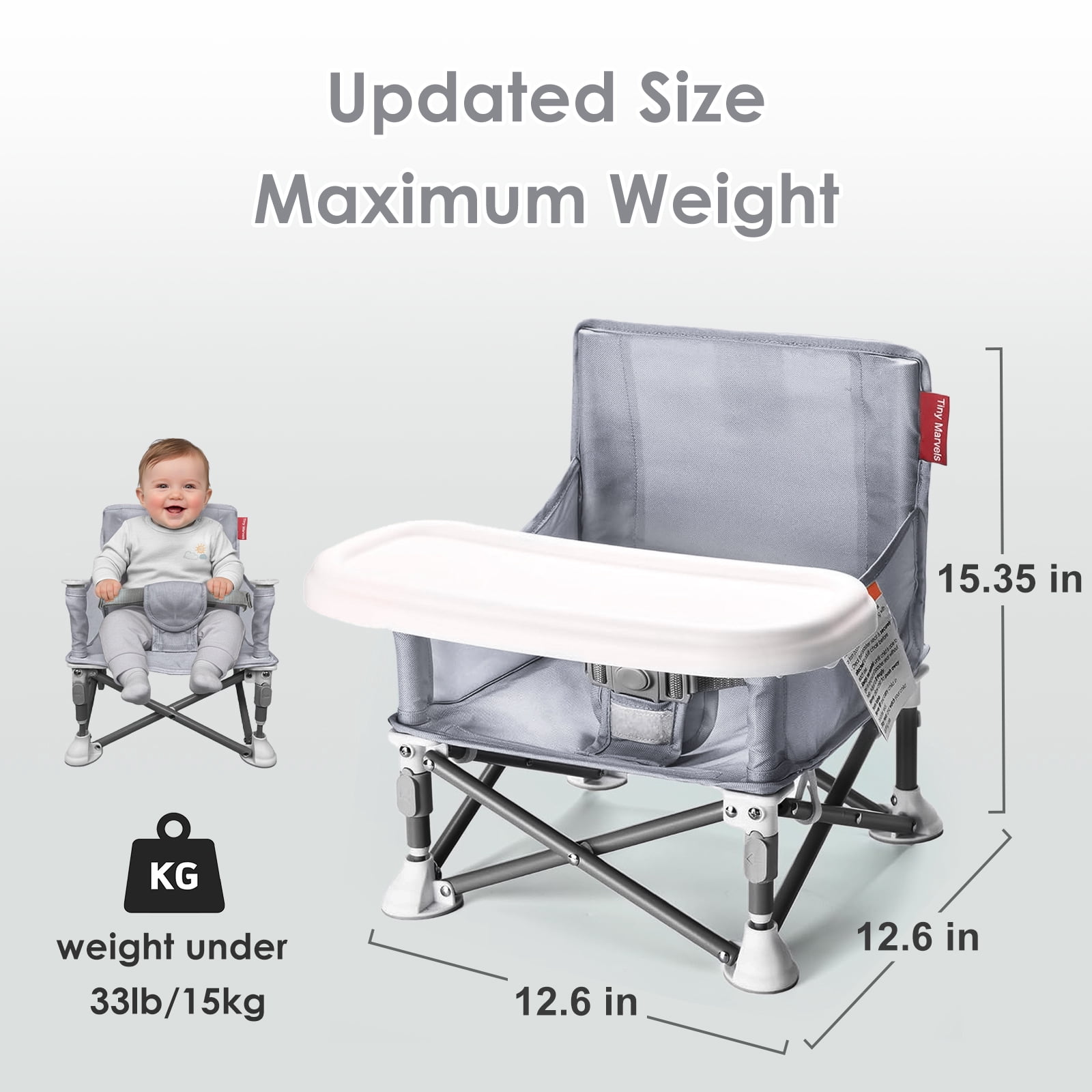 Tiny Marvels Portable Booster Seat, 3-in-1 Portable Baby High Chair with Tray, Safety Harness & Carry Bag, for Toddlers Ages 6M-3Y, Baby Chair for Travel, Camping & Home