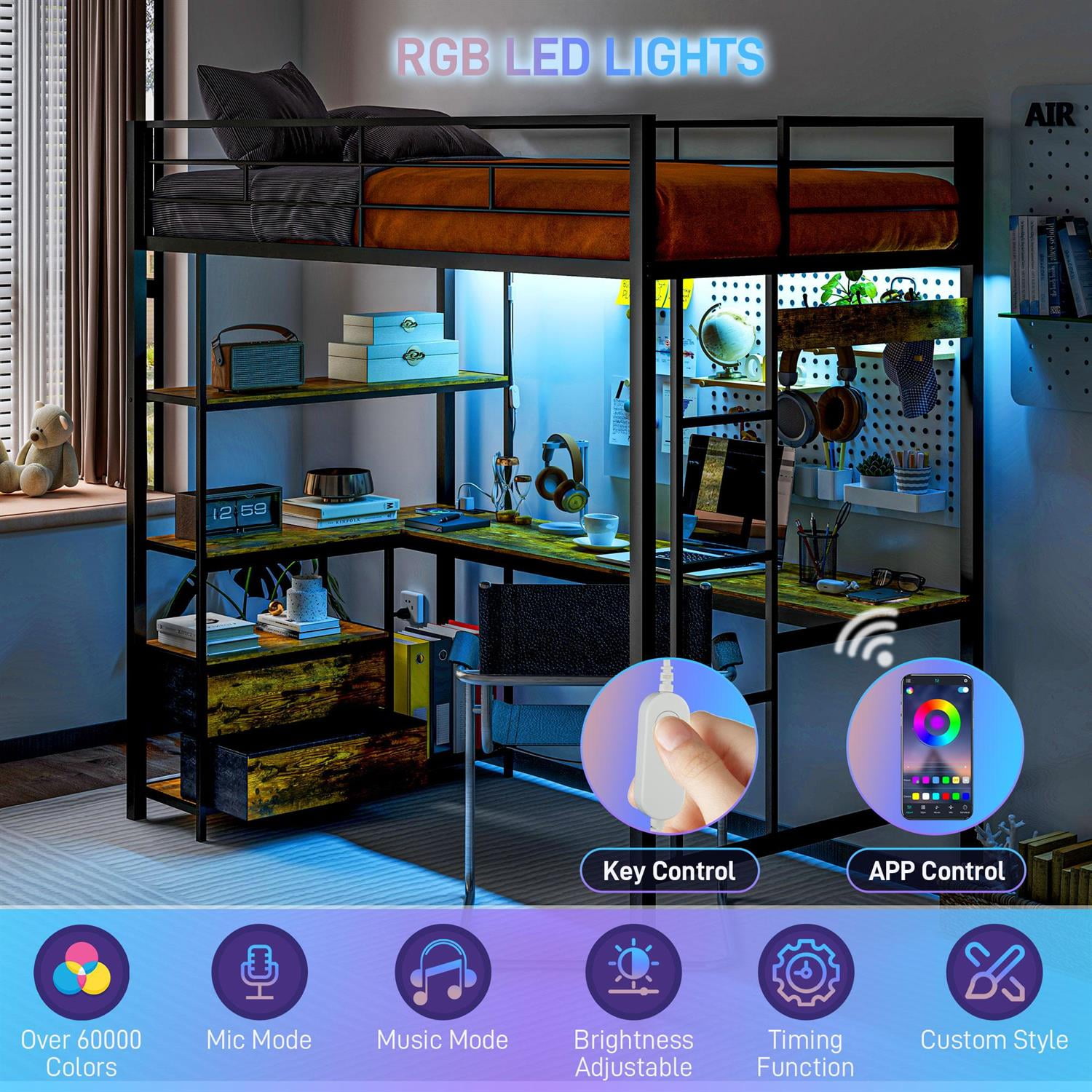 Demi Bonn 78" Modern Metal Frame Loft Bed with Desk and Charging Station, LED Lights, for Teenagers and Guests, Black