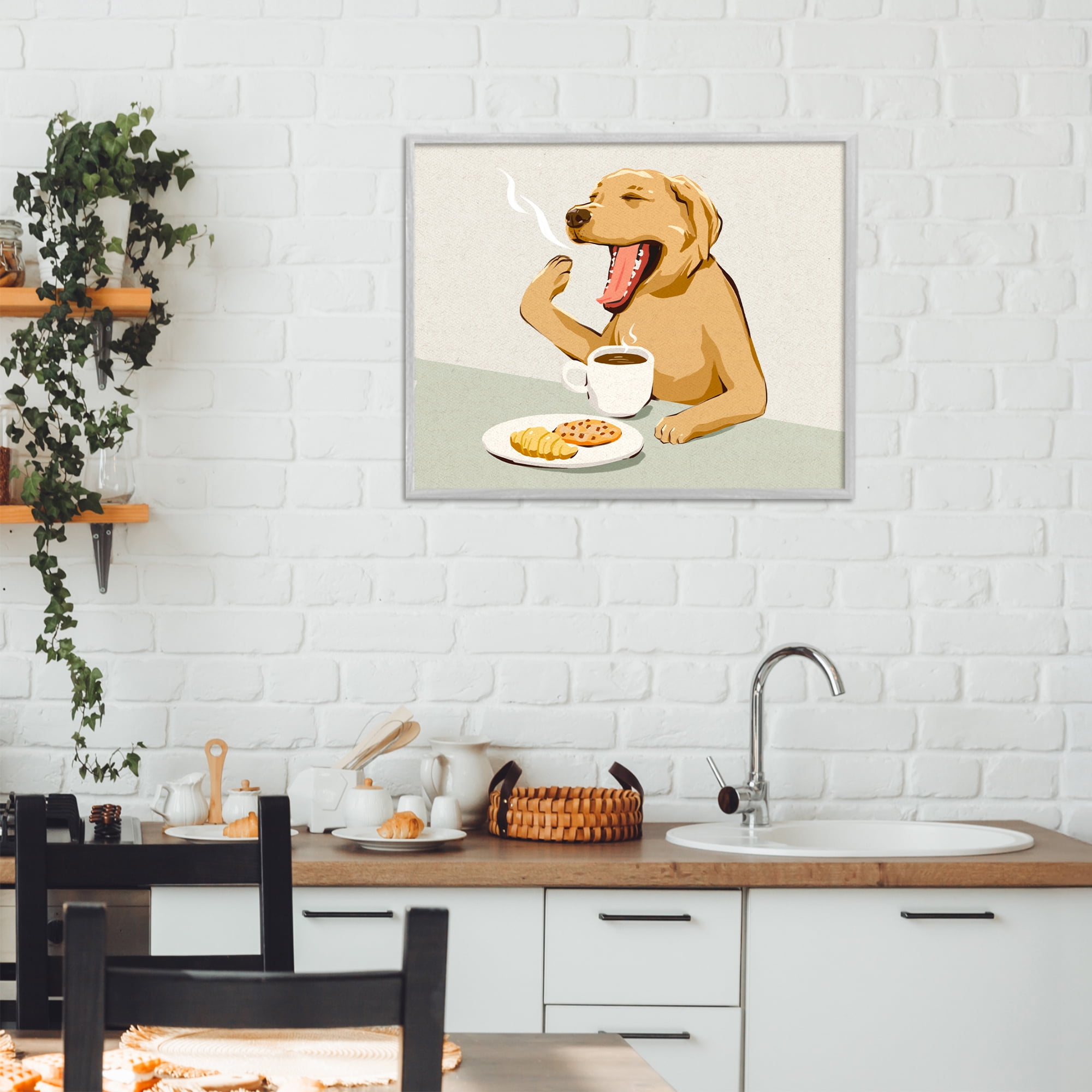 Stupell Industries Yawning Dog with Morning Coffee Gray Framed Giclee Art, design by Ziwei Li