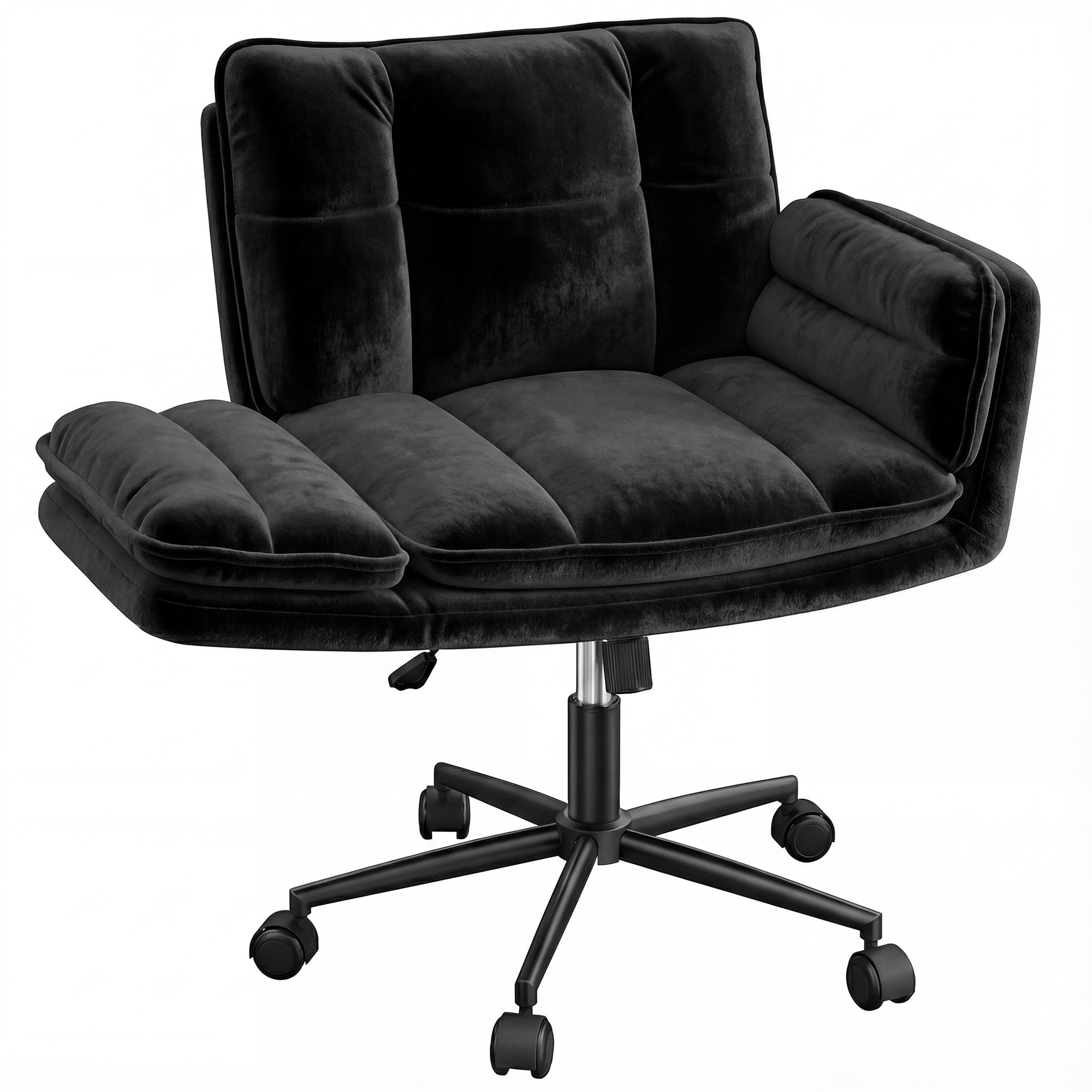 Romorgniz Criss Cross Chair with Wheels Plush Fleece Vanity Chair with 5-Gear Adjustable Armrests Ergonomic Office Chair for Home Office, Black