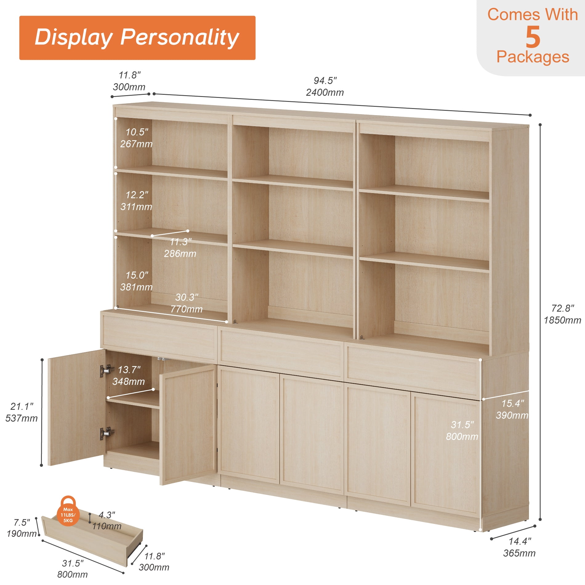 Modern 72" Tall Bookcase with Doors, Drawers & Adjustable Shelves, Wood Bookcase with Storage Cabinet and Open Shelving,Beige