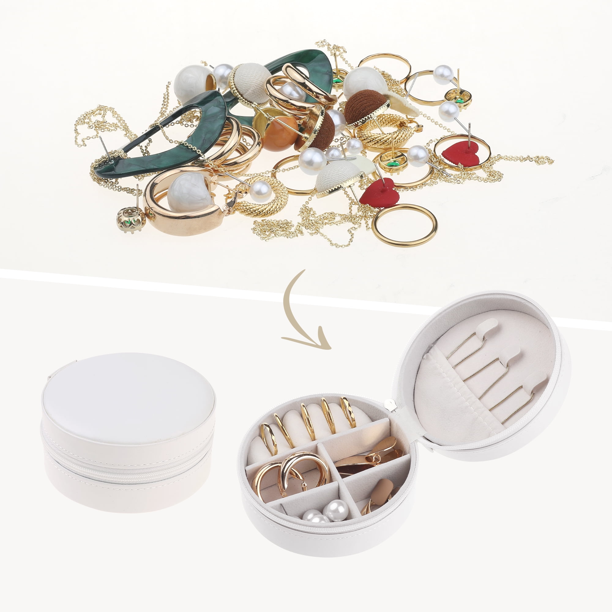 Unique Bargains Travel Jewelry Box Small Round Portable PU Leather Jewelry Organizer Case White