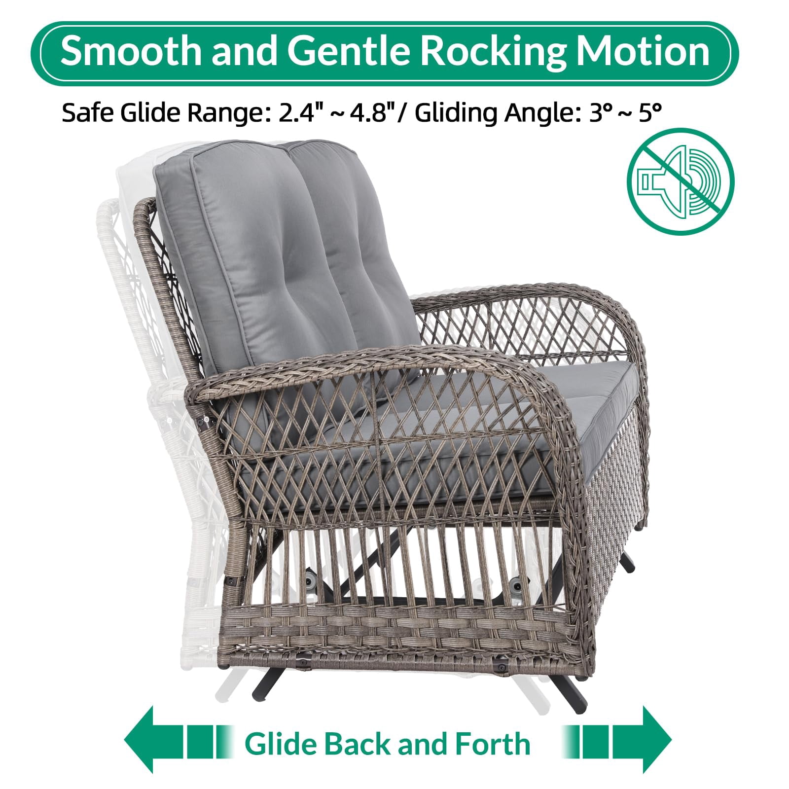 VIVIJASON 5-Piece Outdoor Patio Wicker Conversation Sets, All Weather Outdoor Rattan Furniture Set Includes Glider Loveseat, 2 Coffee Table, 2 Rocking Chairs with Cushions for Backyard, Grey