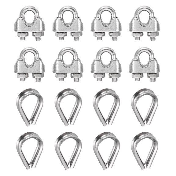 Uxcell 8Set 5/32" M4 Wire Rope Cable Clip Clamps Small with Thimble Silver