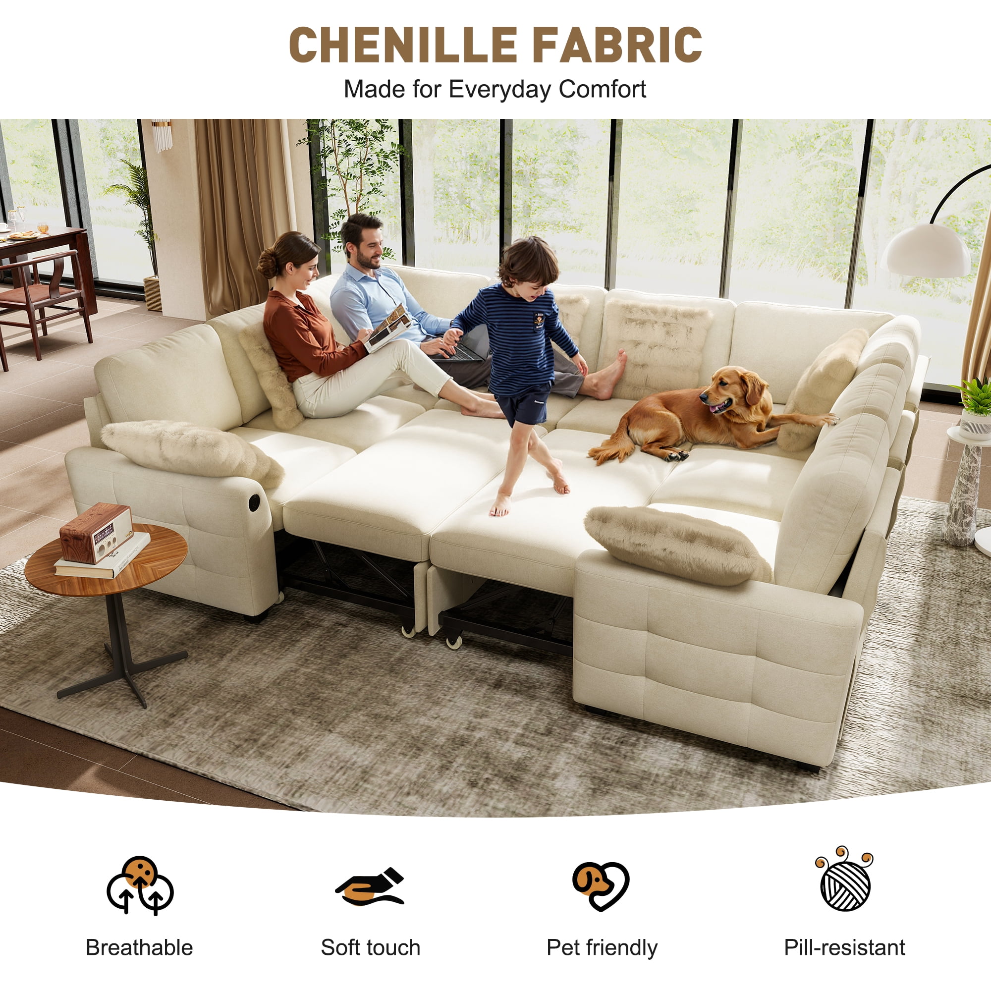 BedLuxury 110" Sectional Sleeper Sofa with Pull Out Bed, Storage Seat & USB Charging, U Shaped Modern Couch for Living Room, Chenille Beige
