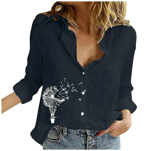 Ichuanyi Womens Tops Fashion Women's Loose Buttons Printing Lapel Long Sleeves T-shirts Blouse Tops
