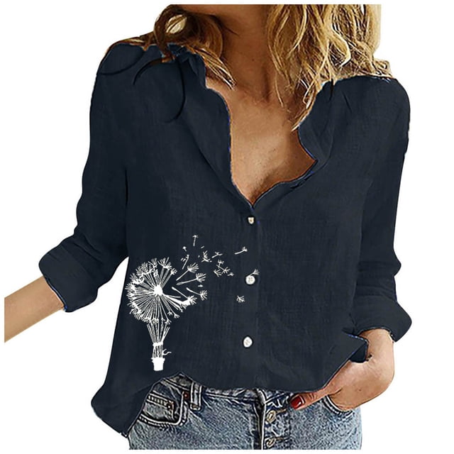 Qertyioot Hauts pour Femmes Mode Boutons Amples Imprimés Col à Revers Manches Longues T-shirts Blouse