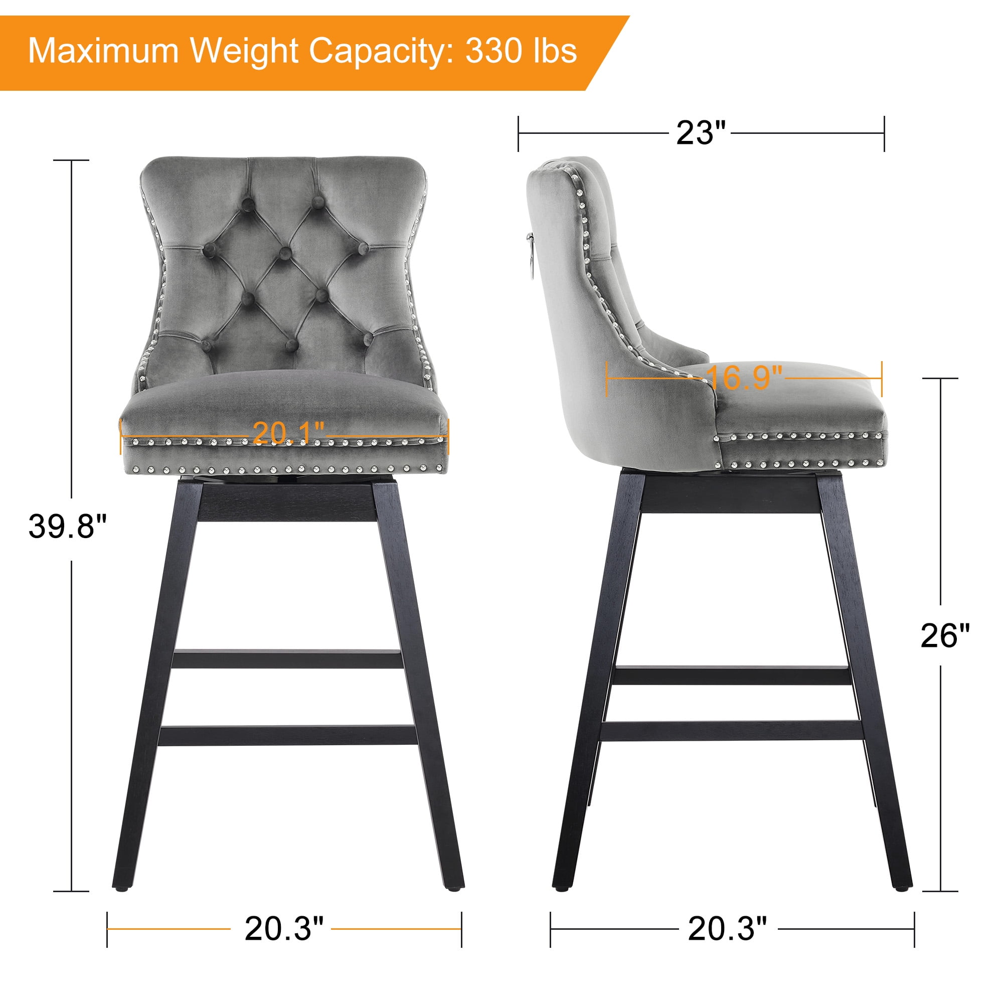 TEWLOSS Counter Height Bar Stools Swivel 26" Velvet Barstools for Kitchen Island, Gray