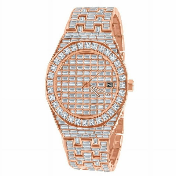 Baguette Fully Iced 18K Rose Gold W/White CZ Finish Simulated Diamond 5 ATM Water Resistant Solid Stainless Steel Back Mens Watch W/Date Function 42mm
