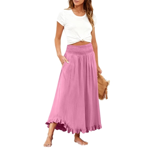 Women's Retro Boho Summer Long Skirt, Comfy Smocked High Waisted Maxi Skirts, Casual Chic Flowy Skirt for Beach Holiday Travel