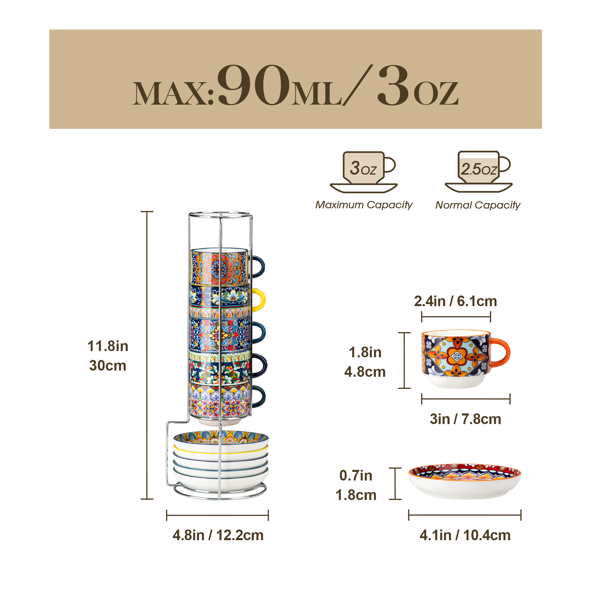 Malacasa 2.5oz Porcelain Espresso Cup Set of 6 with Metal Stand photo 2