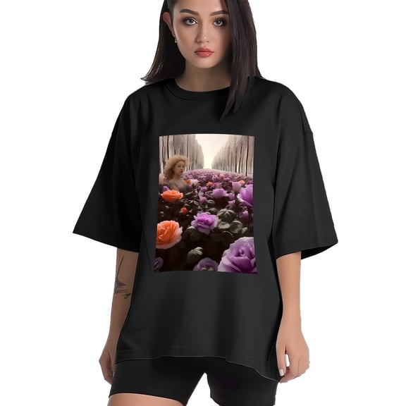 Plus Size Shirt for Women Black Tops for Women Short Sleeves Shirt for Women Flowers T Shirt Crewneck Shirt for Women XS