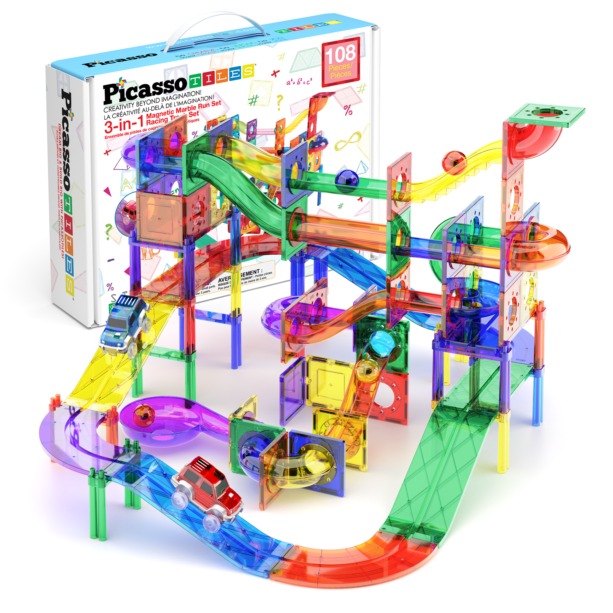 PicassoTiles Marble Run Magnetic Tiles for Kids – 108PCS STEM Educational Construction Building Blocks Race Track Toy Set